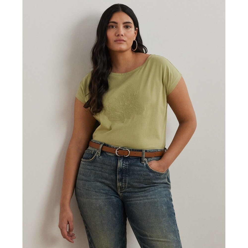 Lauren Ralph Lauren Plus Size Embroidered Boatneck Tee 1X Cotton Jersey
